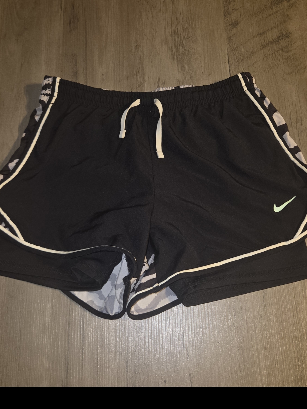 Nike Black Kids Athletic Shorts with Mint Swoosh and Gray Camo Trim